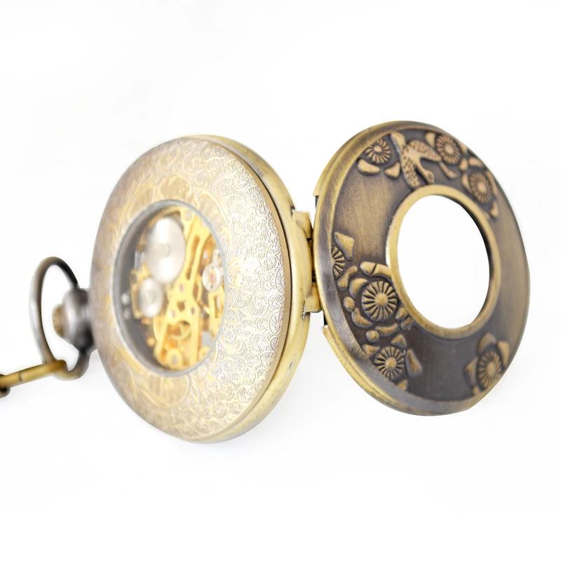 copper skeleton mechanical pocket watch for men and women