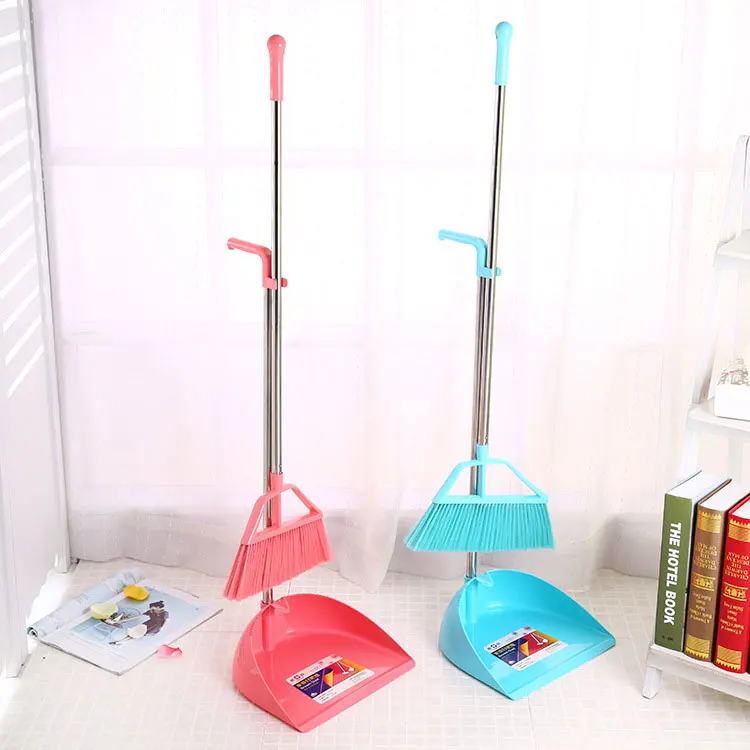 Factory direct sale standing plastic broom with dustpan set with long metal handle