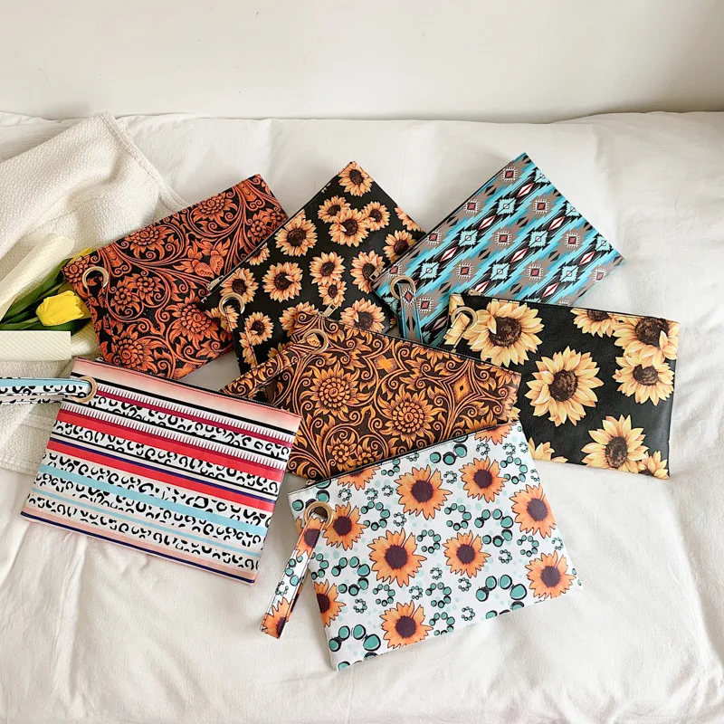Fashion Animal Print Wristlet Handbag High Quality Evening Cosmetic Purse Leopard And Cow Sunflower Aztec Print Envelope Clutch
