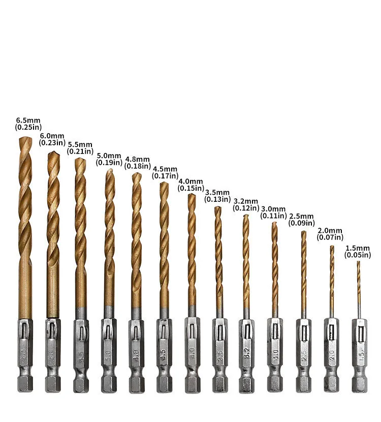 13Pcs HSS High Speed Steel Titanium Coated Drill Bit Set 1/4 Hex Shank 1.5mm-6.5mm Hexagonal Handle Twist Drill
