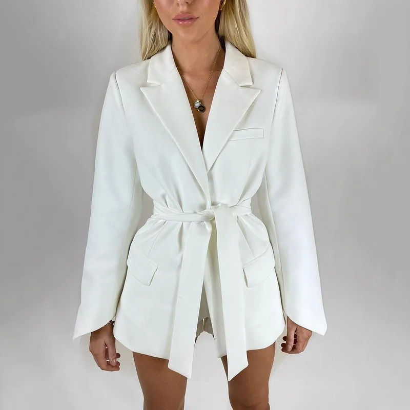 KFD8894 2022 High Quality Femme Blazer Solid Color Long Sleeve Corset Belt Office White Blazer Coat For Women