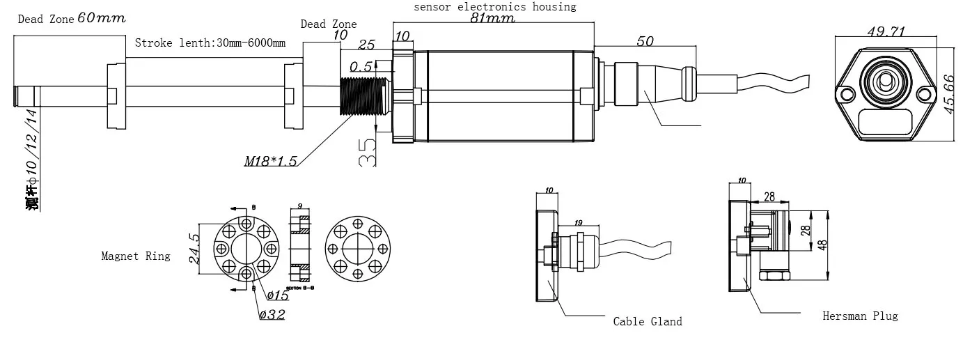 Магнитострикционный датчик смещения 250 мм ход RS485 модус выходного сигнала для измерения уровня воды