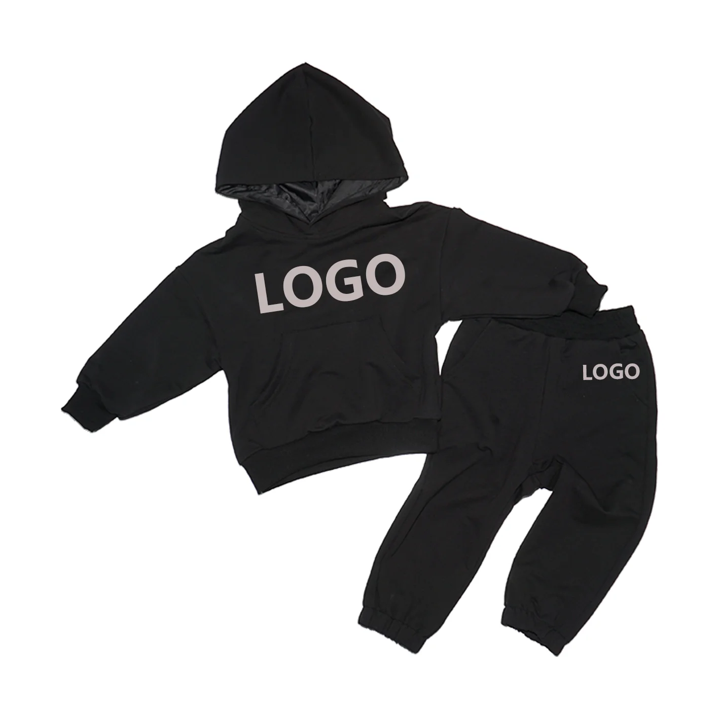 Wholesale Custom logo printing toddler baby boys solid color 100%cotton 2-Piece Set Hoodie + Jogger Pants Set Kid Clothing Set
