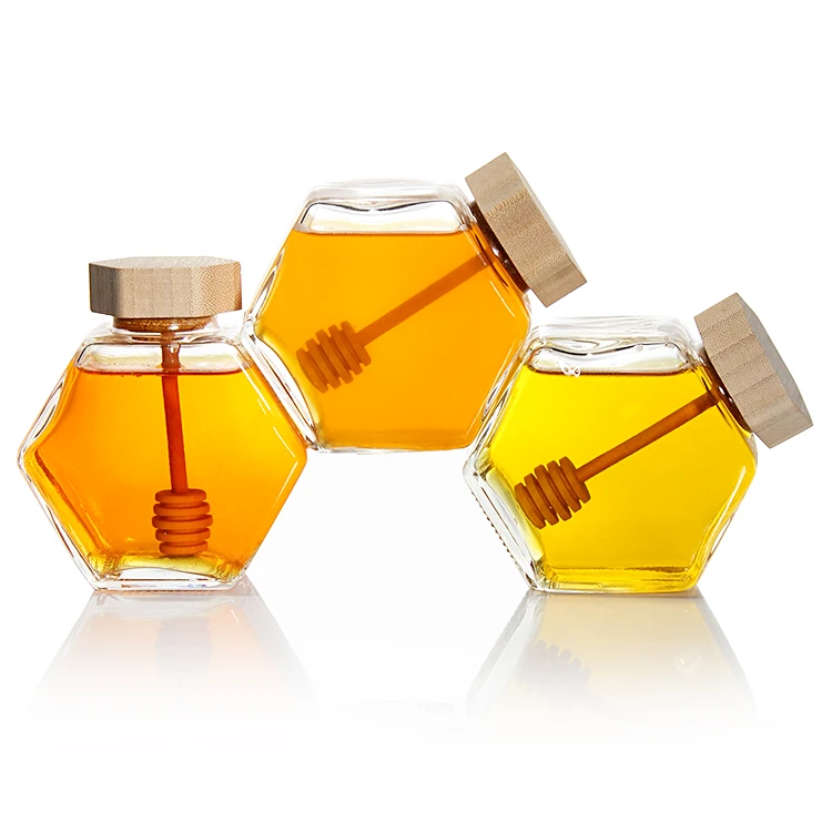 Hexagonal honey pot 500g bee honey glass jar glass bottle for honey with wooden cap and dripper