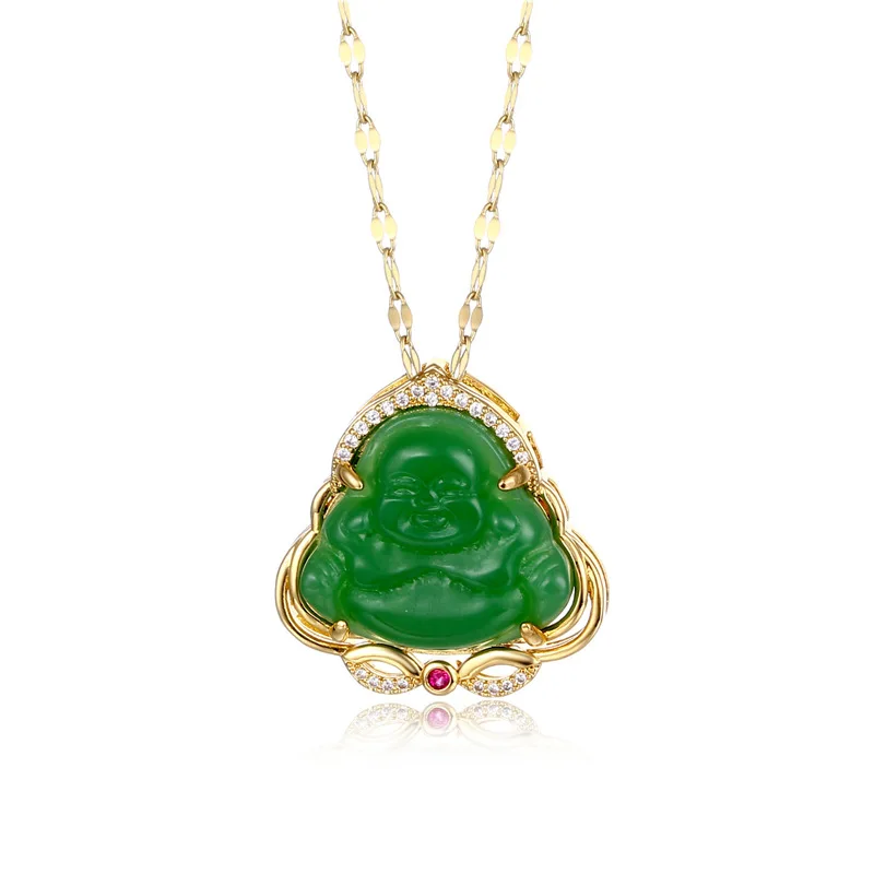 Silver Maitreya Buddha Pendant Necklace Religious Cubic Zircon Green Jade Buddha Pendant Necklace Accessories