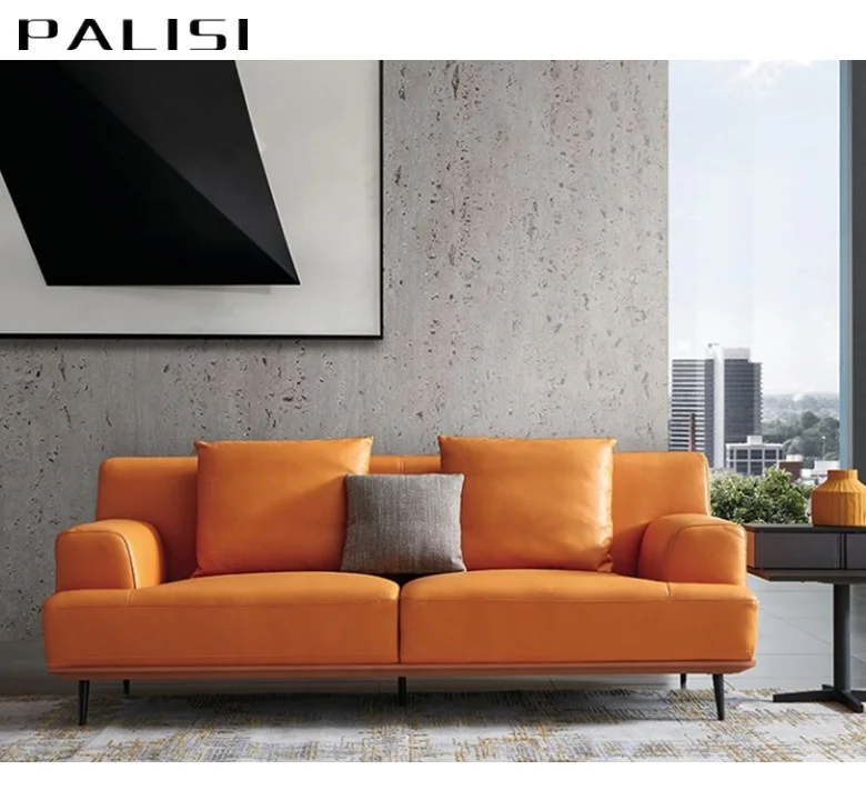 living room 3 seat leather sofa couch lounge Modern furniture Italian leather orange faux leather sofa furniture