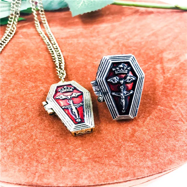 
Wholesale Fashion Design Gothic Red Enamel Punk Cross Bats Coffin Retro Ring Movie Style 