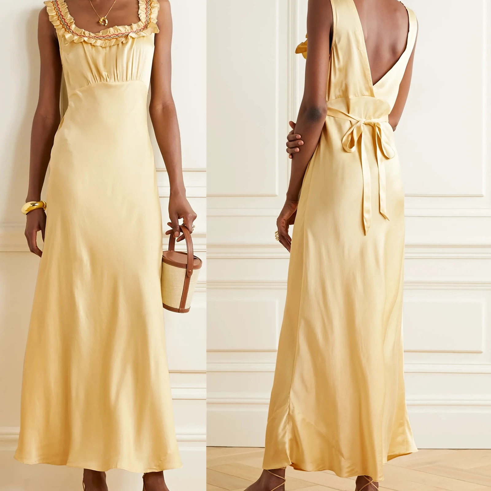 Summer Party Date Pretty Wearing Elegant Tires Back Pretty Ruffled Neckline Straps Long Dresses