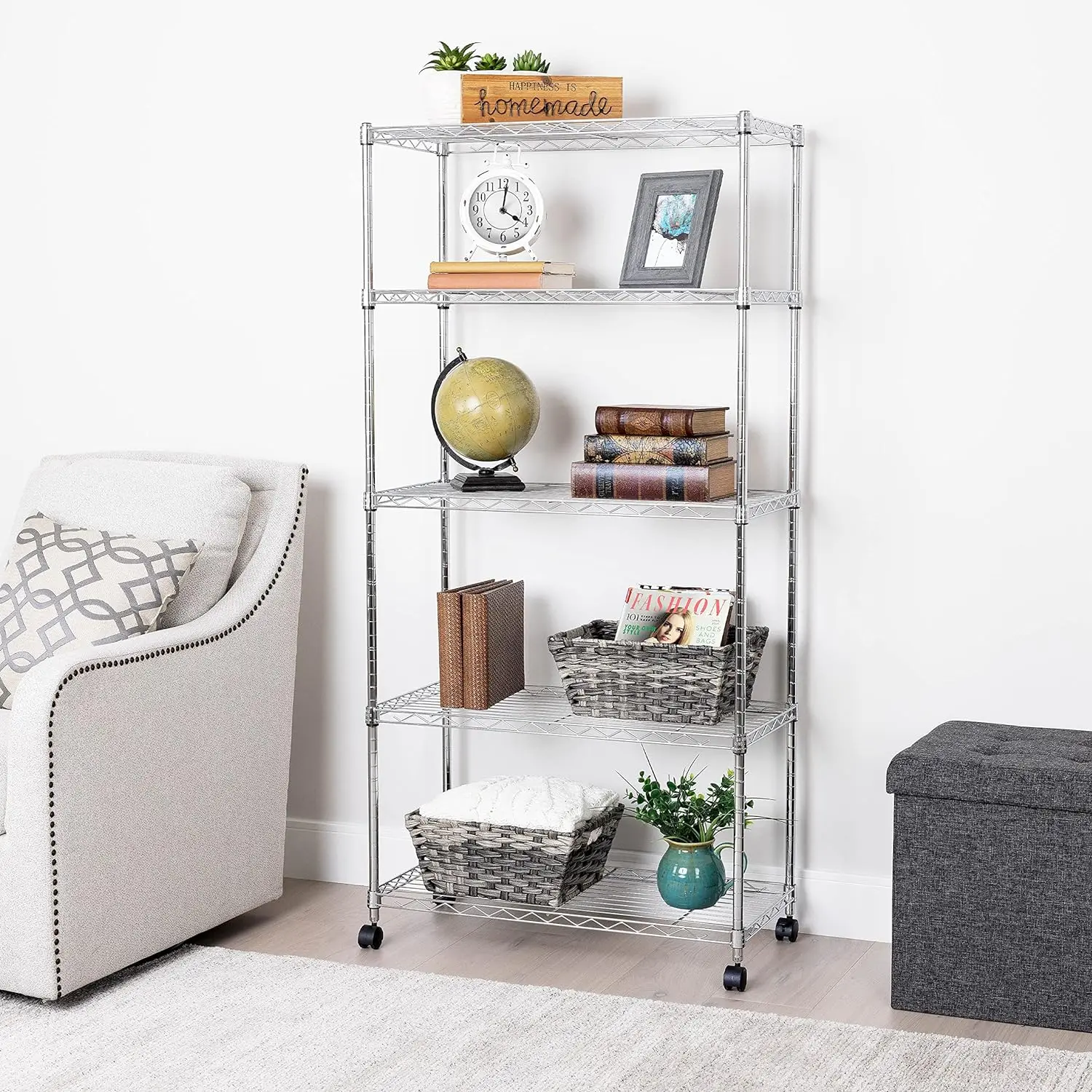 Wire Shelving Adjustable Storage Shelves Steel Wire Rack 180 cm Metal 5 tires Shelf with wheels