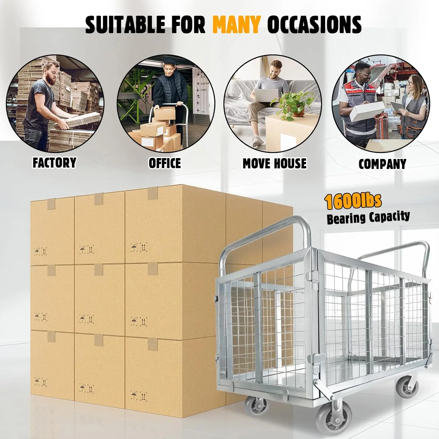 Movable Platform Truck with Cage Folding Trolley Load 1600LBS Multi-purpose Pulley Tool Car Work Cart on Wheels