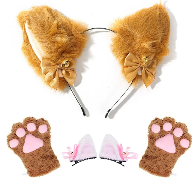 Hair Band Bow knot Bells Hair Clips Paws Plush Ear Bell Headband Anime Props for Girls Cat Ear Maid Gloves Cosplay Costume Set