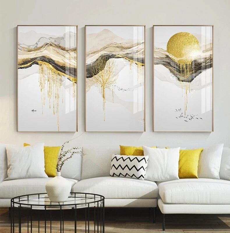 nordic Luxury living room wall decor Abstract landfscspe  painting Golden Mountain Lakeside Scenes Modern Art Canvas Prints