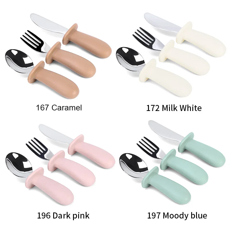Wholesale Baby Feeding Set Kids Stainless Steel Cutlery Utensils Flatware Spoon And Fork Set With Silicone Long Handle