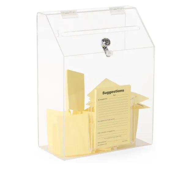 Factory  countertop wall mounted lockable clear acrylic plastic suggestion box with front pocket