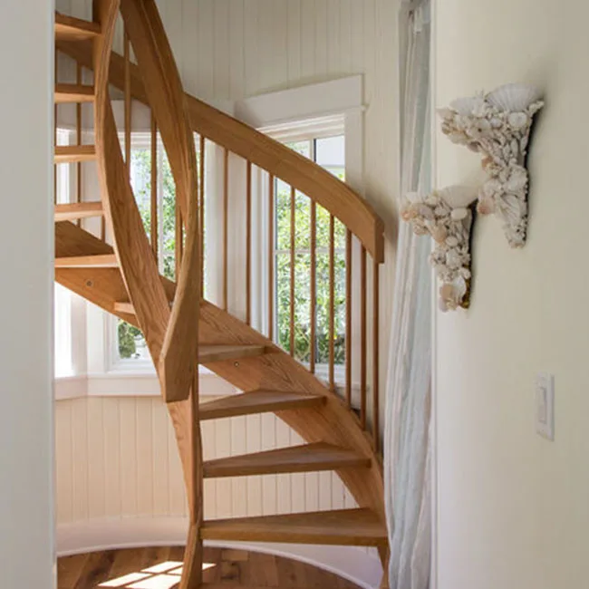 Customized morden design interior house wood steps and glass railing curved staircase