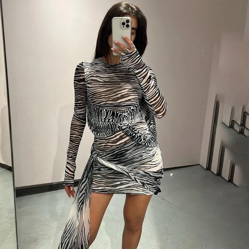 Sexy Ladies Zebra Print Long Sleeve Mesh Mini Dresses For Women