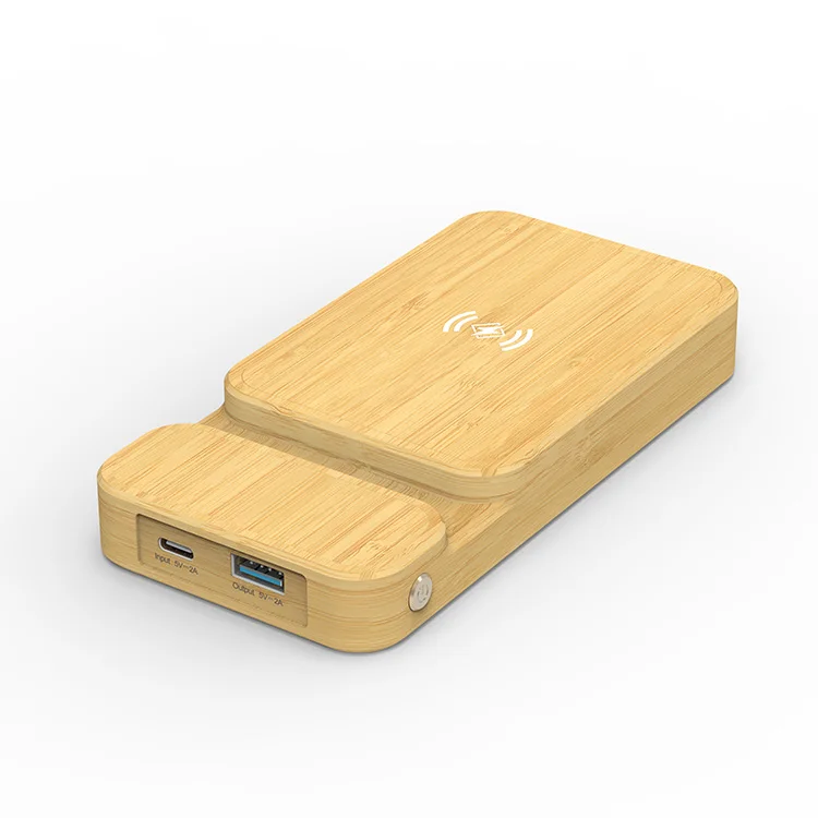 Desktop Bamboo Wooden Mobile 5000Mah Power Bank Wireless Mini Portable With Desktop Phone Stand