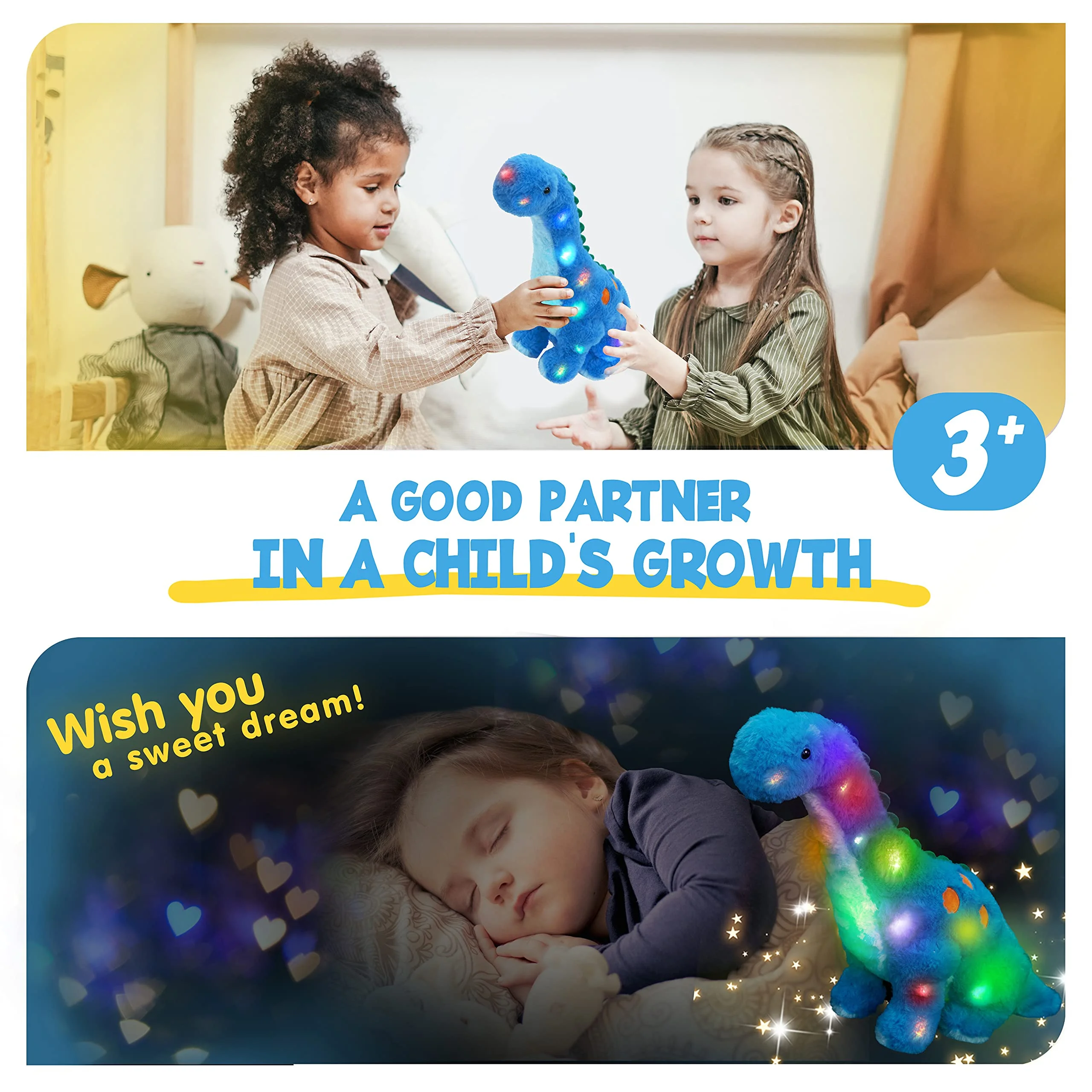 Houwsbaby Light up Dinosaur Diplodocus Stuffed Animal Floppy LED Plush Toy Night Lights Glow Pillow Long Neck Birthday Gifts