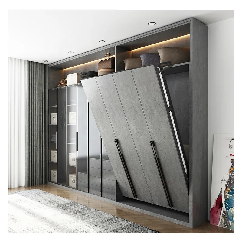 Wooden Rotating invisible folding bed combination multi functional wardrobe cabinets desk bookcase wall Murphy bed