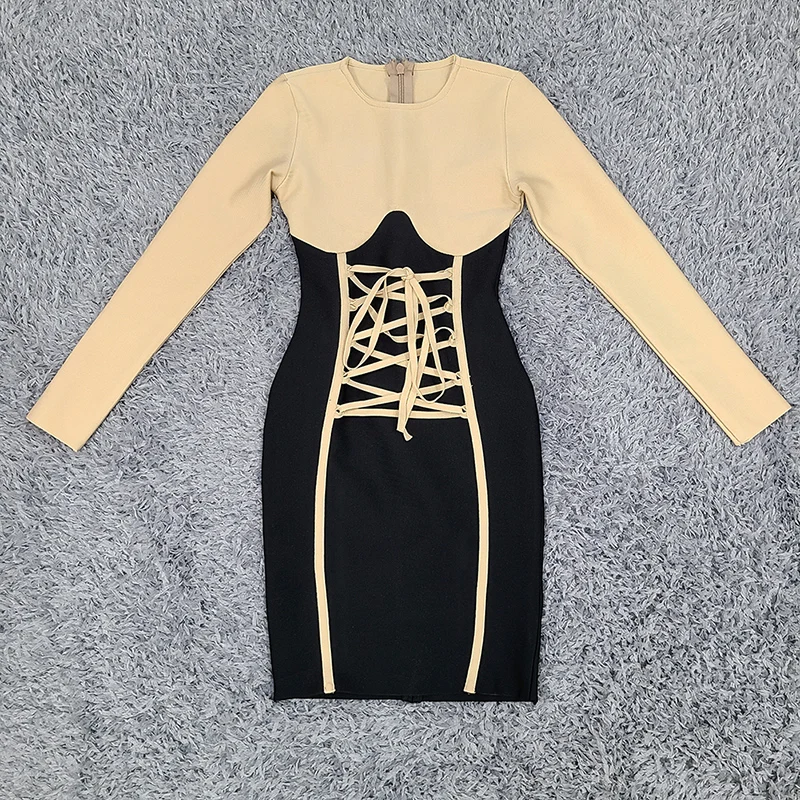 Sexy Elegant Mini Party Dress Vestido Fashion Fall Long Sleeve Patchwork Lacing Beige Bandage Dress
