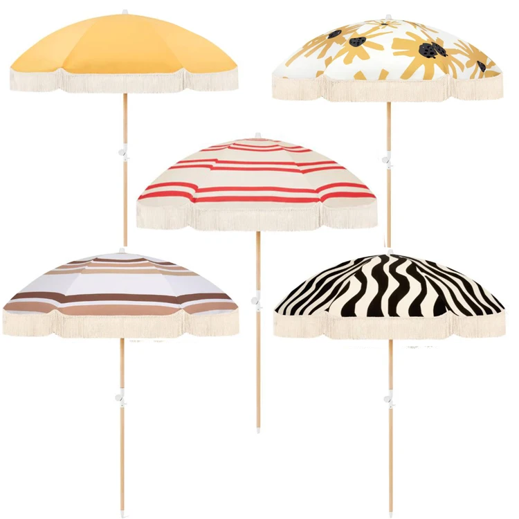 Customize Luxury Vintage Fringed Beach Umbrellas With Tassels, Outdoor Portable Wooden Pole Boho Canvas Garden Pool Sun Parasol