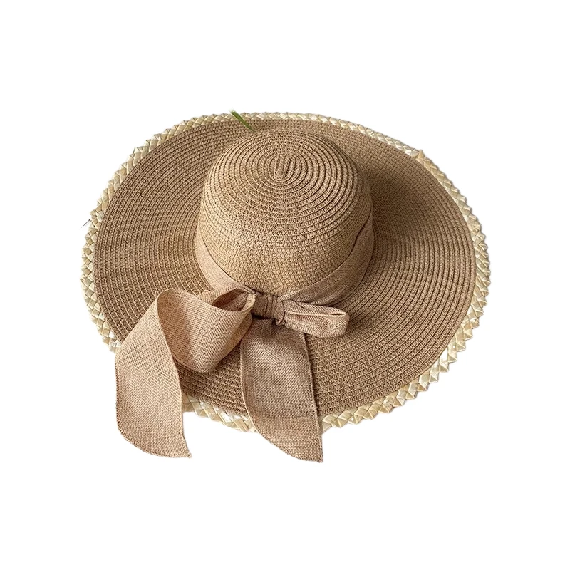Женская летняя уличная шляпа с солнцезащитным козырьком широкими полями и бантом из травы для пляжного фотографирования