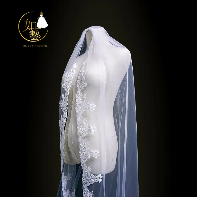 
1 tier applique lace Ivory Wedding long veil 