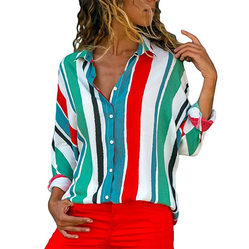
Striped V-neck long-sleeved blouse woman tops fashionable blusa 