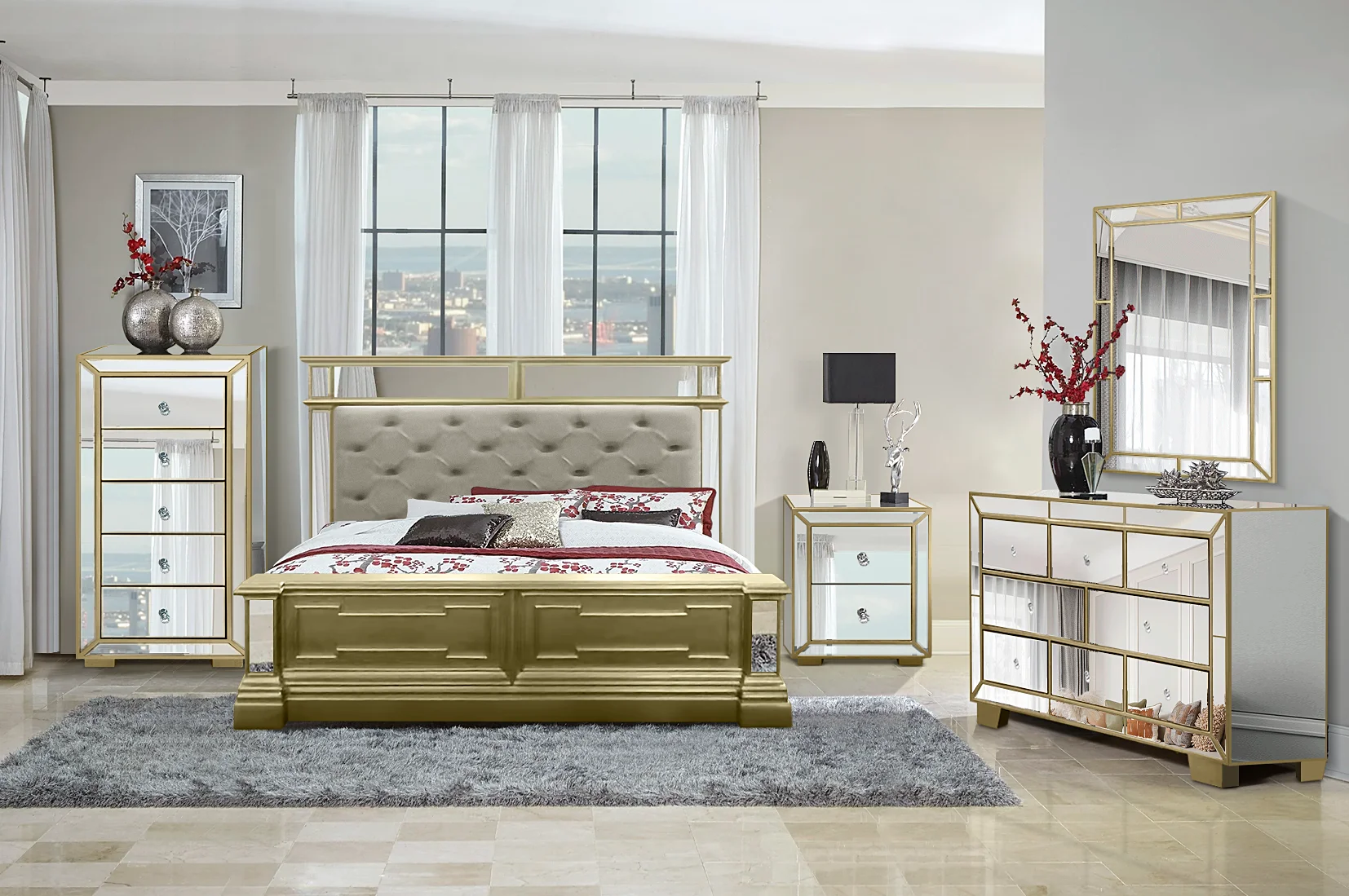 Cheap  Mirror Furniture on Bedroom Silver and Black Mirrored Modern Style Bed