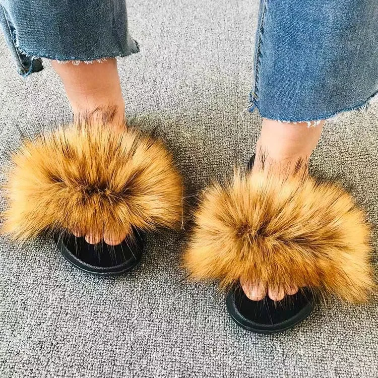 Hot Sale Ladies Fashion Fur Slippers Factory Fast Shipping Fox Fur Slippers Faux Raccoon Fur Slippers