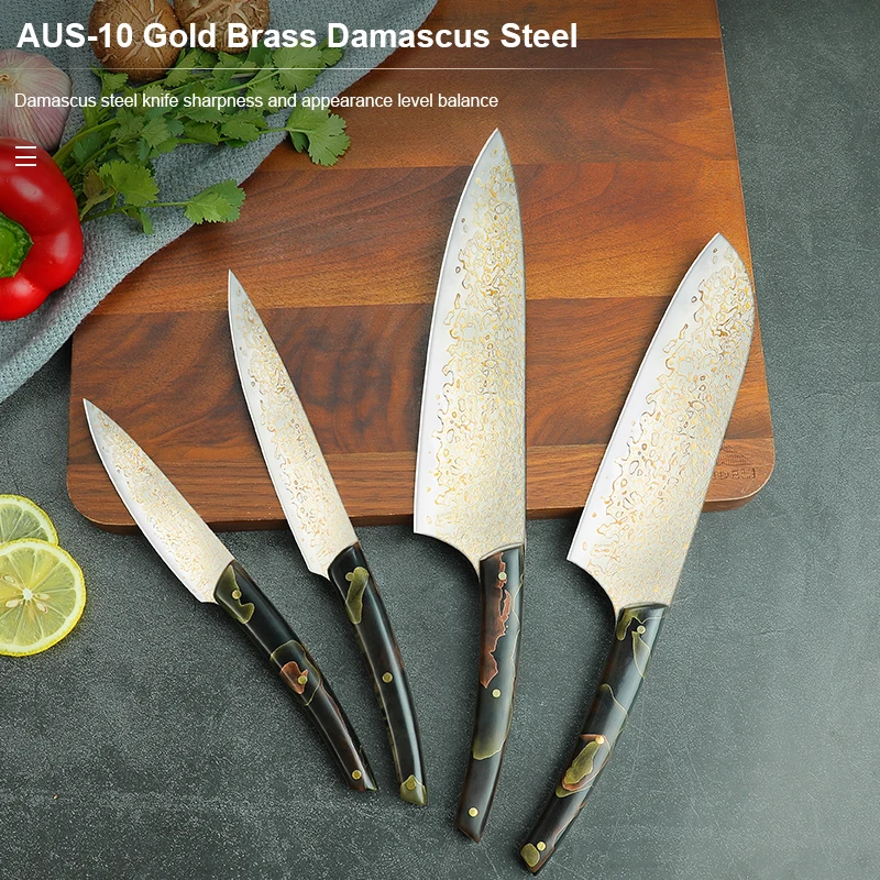 2024 New Arrivals Exquisite 4 Pieces Gilt Damascus Resin Handle  Santoku Paring Chef Knives Set With Wooden Storage Box