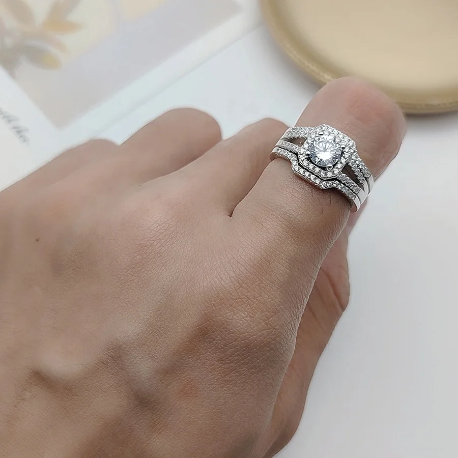 Wholesale solid silver jewelry 100% real 925 silver ring with CZ stones wedding and engagement rings set