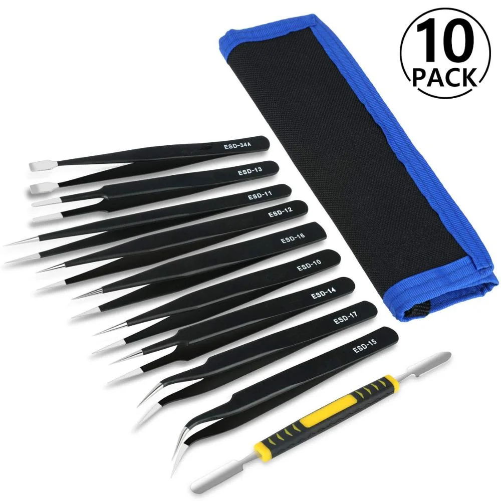 10 Pack Stainless Steel Anti-Static Tweezers Set ESD Tweezer Kit Non-magnetic Curved Tweezers for Craft