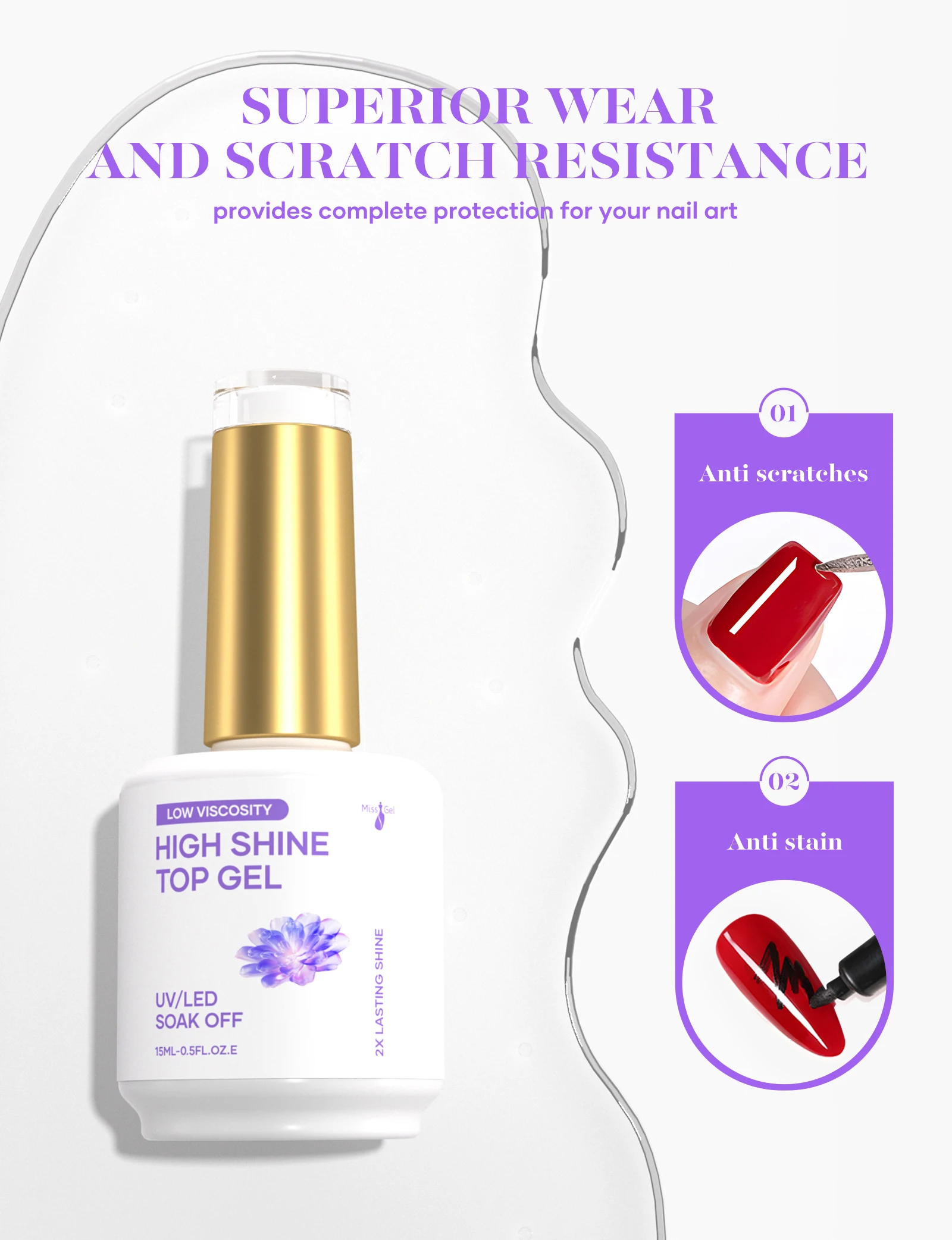 MissGel No Wipe Low Viscosity High Clear Super Shining Gel Crystal Top Coat Hema Free Gel Polish For Nail Art