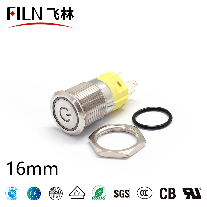 FILN 16mm stainless steel/brass nickel plated latching Momentary 1NO1NC antivandal waterproof  12V 220V led Metal Push Button