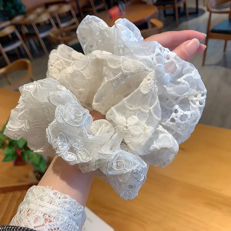 Embroidery White Lace Elegant Lady Summer Scrunchies Breathable Women Hair Bands Retro Large Hair Tie