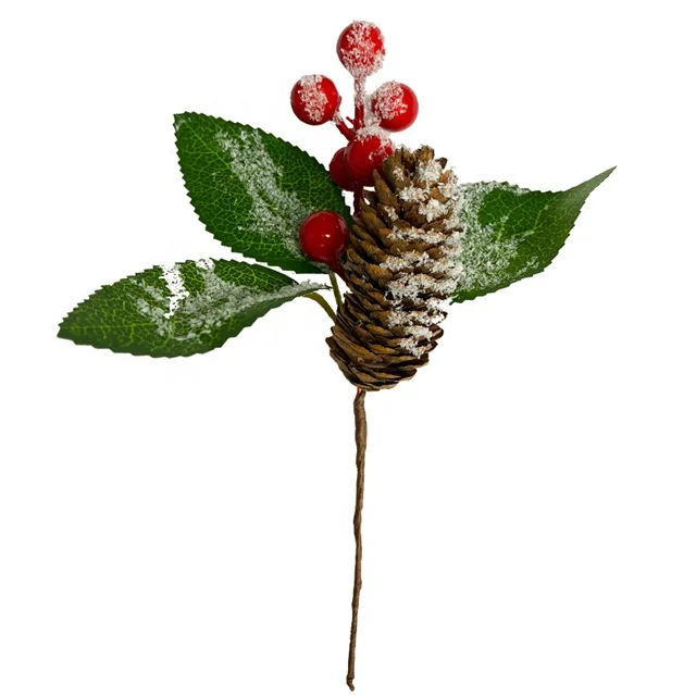 artificial pine needle branch red berry stem artificial pine spray  pick christmas pine picks christmas flower picks
