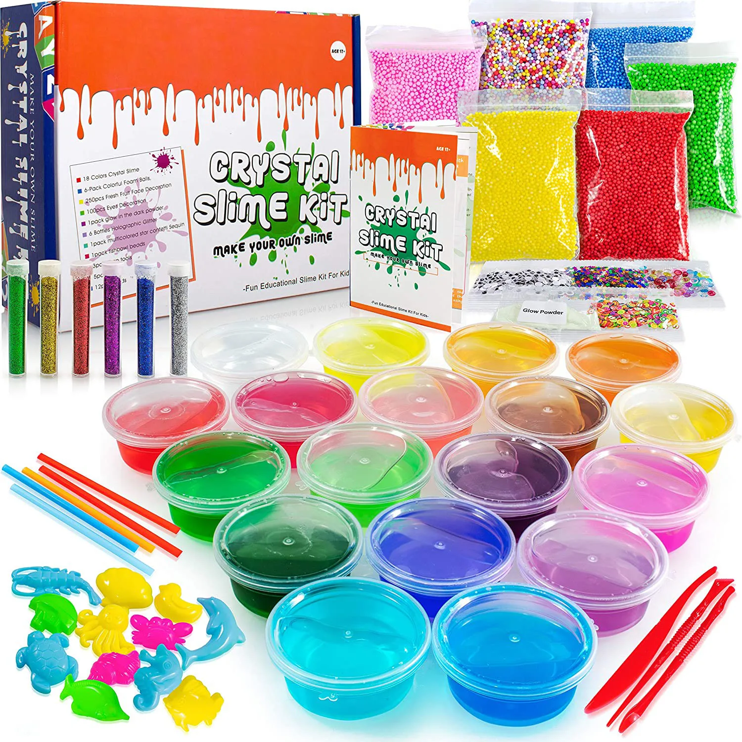 Stress Relief Toy (24 Colors) Colorful Foam Balls Slime Kit DIY Box Includes 24 Crystal Slime with containers
