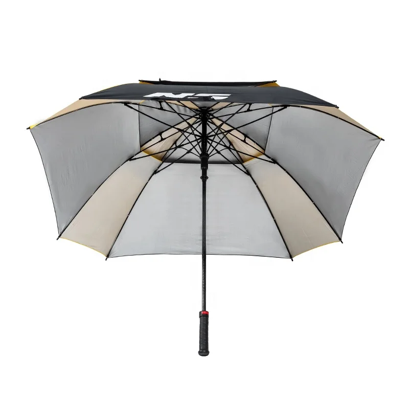Yellow and Black 30in UV Coating Double Canopy Auto Open Fiberglass Frame Square Golf Umbrella with Custom Logo Print