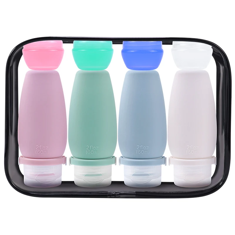 Eco-friendly Reusable 2oz Travel Squeeze 4 in 1 Bottle Silicone Travel Kit Empty Travel Cosmetic Bottle Container Set for Lotion