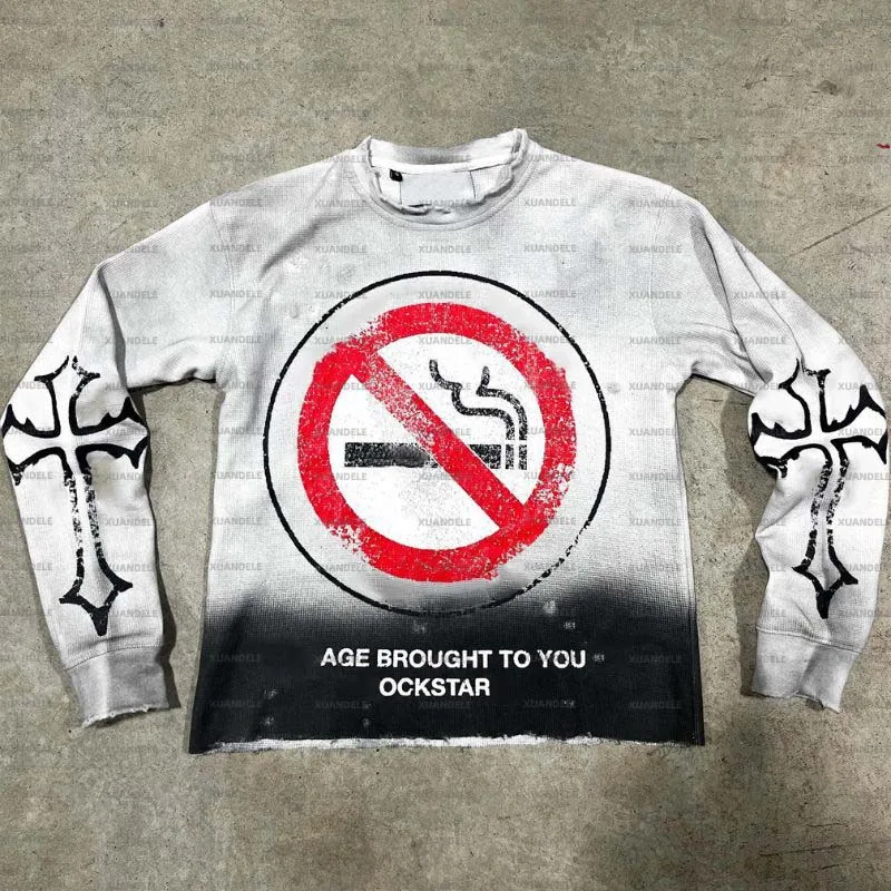 Heavyweight Streetwear Graphic Screen Print White T Shirt Wholesale Acid Wash Waffle Knit Oversized Long Sleeve Tshirts For Men