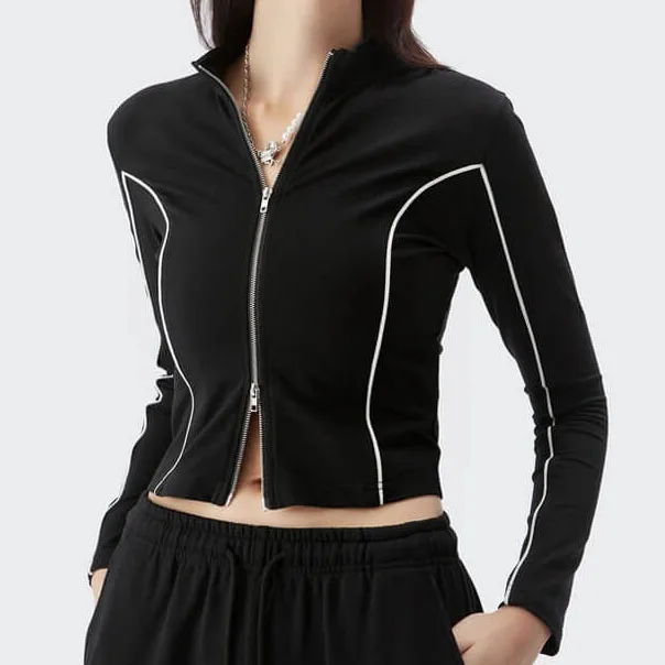 Женский укороченный Топ с длинным рукавом и двойной молнией облегающий топ со светоотражающими краями