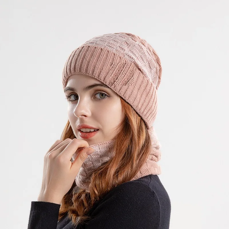 New Unisex Winter Stripe Beanie Hat Women Men Warm Slouchy Knitted Fleece Lined Skull Cap Beanie and Scarf Set