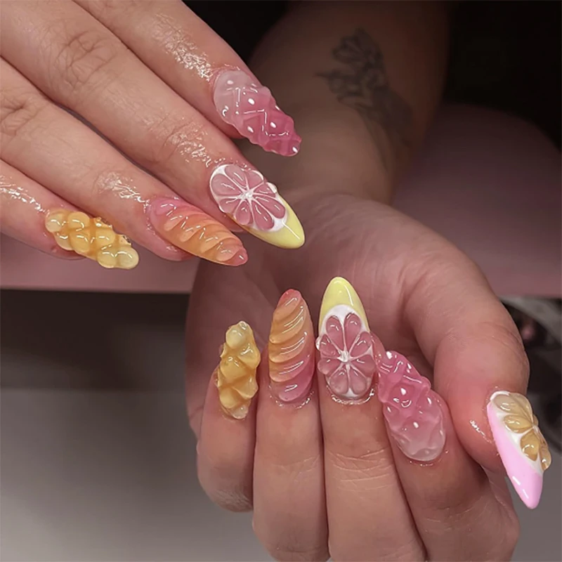 jp3649 Wholesale fruit Fashionable Short Handmade Acrylic Press on Nails False Artificial Fingernails Set for Decoration