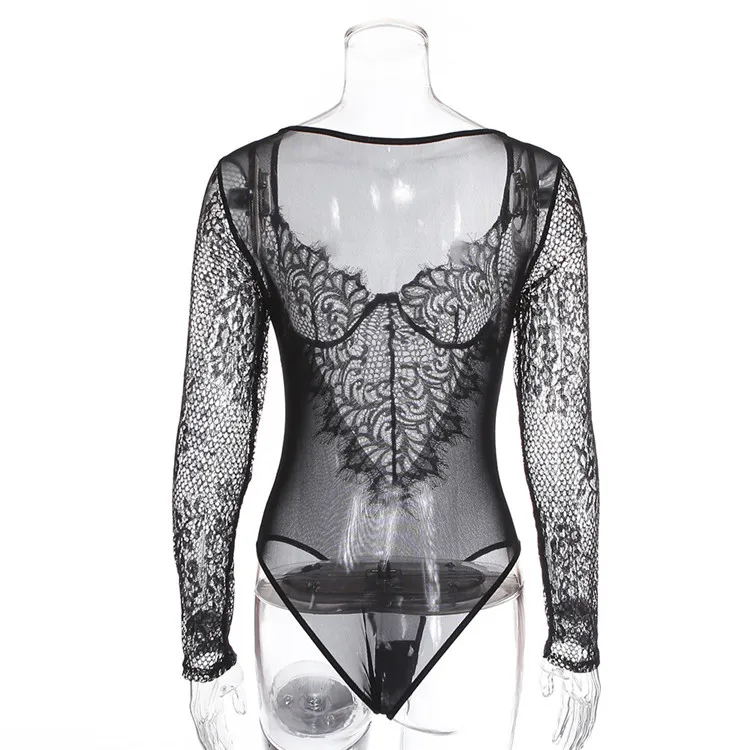 Vintage Embroidered Lace Polka Dot Long Sleeve One Piece Lace Bodysuit Mesh sexy lingeries women underwear