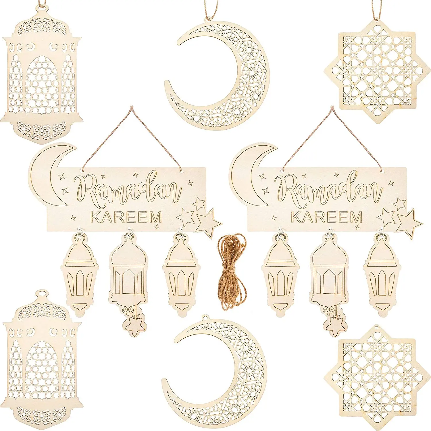 Islam Eid Ramadan Mubarak Decorations Hanging Wooden Lantern Baubles Pendant Muslim Plaque Sign Ornament DIY Wall Decor Supplies