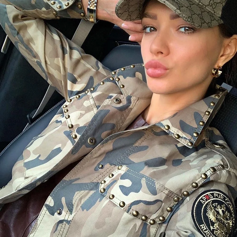 Women Fashion Military Camouflage Printed BF Coat Casual Overcoat Lightweight Studded Camo Jacket