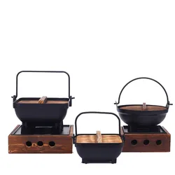 Japanese style cast iron hanging pot wood tray alcohol bbq grill table top mini roasting bbq stove