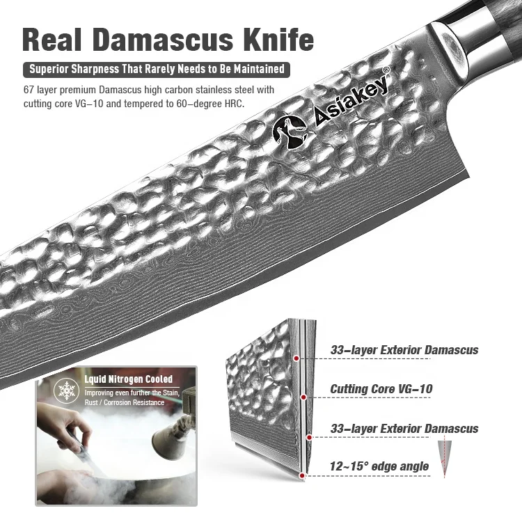 Customized Pakka Wood Handle 5 PCS Professional Chef Knives Damascus Steel Hammed Pattern Santoku Slicer Knife Kitchen Knife Set