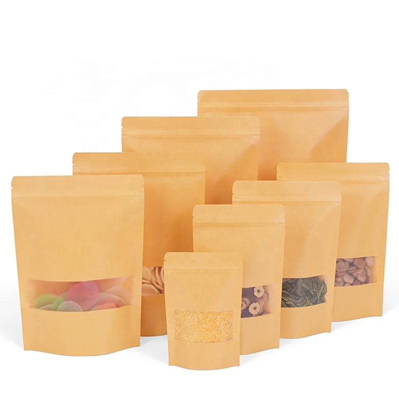 Good Selling Self Standing Ziplock Pouch Window Stand Up Zipper Brown Kraft Paper Bag